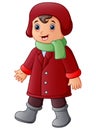 Cartoon boy in red winter clothes with green scarf Royalty Free Stock Photo