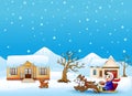 Cartoon boy riding sled on the snowing village pulled by two dogs Royalty Free Stock Photo