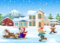 Cartoon boy riding sled on the snowing village with running kids Royalty Free Stock Photo