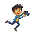 Cartoon boy startled, dropping camera while running on a white background Royalty Free Stock Photo