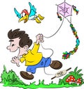 Cartoon boy running happily and flying a kite vector illustration