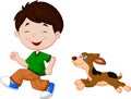 Cartoon a boy running with his pet