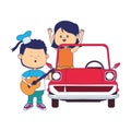 Cartoon boy singing and playing guitar and girl in classic car, colorful design