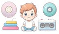 Cartoon boy sits amidst retro tech Royalty Free Stock Photo