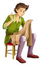 Cartoon boy - sitting and working sewing handsome manga boy