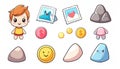 Cartoon boy stamps coins rocks and cute objects Royalty Free Stock Photo