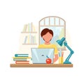 Cartoon boy studying at home with computer and books on window background. School boy writing for homework. Online education Royalty Free Stock Photo