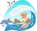 Cartoon boy surfing a big wave. Royalty Free Stock Photo