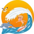 Cartoon boy surfing a big wave. Royalty Free Stock Photo