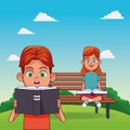 Cartoon boy surprised reading a book and girl sitting on a bench