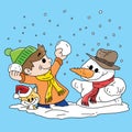 Cartoon boy together with his cat and a snowman playing snowball and have fun vector illustration Royalty Free Stock Photo