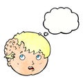 cartoon boy with ugly growth on head with thought bubble Royalty Free Stock Photo