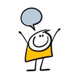 Cartoon boy waved his hands in delight and shout. Vector illustration of happy cartoon stickman and comic bubble for