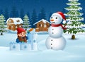 Cartoon boy in winter clothes building a snow fortress Royalty Free Stock Photo