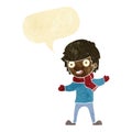 cartoon boy in winter clothes with speech bubble Royalty Free Stock Photo