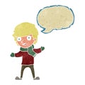 cartoon boy in winter clothes with speech bubble Royalty Free Stock Photo