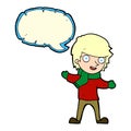 cartoon boy in winter clothes with speech bubble Royalty Free Stock Photo