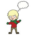 cartoon boy in winter clothes with thought bubble Royalty Free Stock Photo