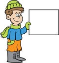 Cartoon boy in Winter clothing holding a sign Royalty Free Stock Photo