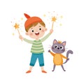A cartoon boy wizard and a cat with a crown holding magic wands Royalty Free Stock Photo