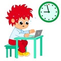 cartoon boy working at a table with laptop. deadline concept