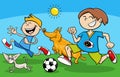 cartoon boys characters playing ball with their dogs Royalty Free Stock Photo