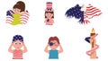 Cartoon Boys And Girls Play With National Bird And Flaming Torch For American Day Or Event Stickers
