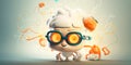cartoon brain character with glasses and a nerdy expression, surrounded by electrical synapses and thought bubbles Royalty Free Stock Photo