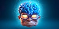 cartoon brain character with glasses and a nerdy expression, surrounded by electrical synapses and thought bubbles Royalty Free Stock Photo