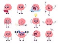 Cartoon brain character. Intellectual health, emotional funny happy and sad brains. Mind sleep, doing exercises and