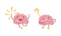 Cartoon Brain Character Jumping with Joy and Thinking Vector Set Royalty Free Stock Photo