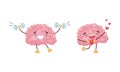 Cartoon Brain Character Lifting Dumbbell and Holding Heart Vector Set