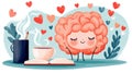 A cartoon brain with a cup of coffee and book, AI Royalty Free Stock Photo