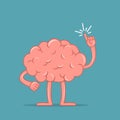 Cartoon brain holding up his index finger and giving advice. Isolated character of the brain in flat style.