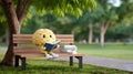 Cartoon brain reading book on park bench with stack of books in sunny park Royalty Free Stock Photo