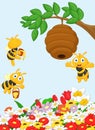 Cartoon a branch of a tree with a beehive and a bee