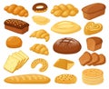 Cartoon bread. Bakery products, roll baguette, bread loaf and toast, sweet donut, cake and croissant. Pastry wheat