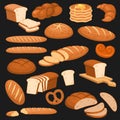 Cartoon bread. Bakery rye products, wheat and whole grain and sliced. French baguette, croissant and bagel, cereals Royalty Free Stock Photo