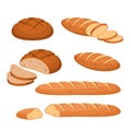 Cartoon bread. Bakery wheat products. Rye breads, baguette and ciabatta. Whole and sliced french baguette and loaf Royalty Free Stock Photo