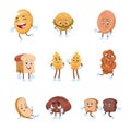 Cartoon bread characters. Bakery set with cute funny smiley faces, toast bread bagel muffin and bakery pastries. Vector