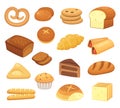 Cartoon bread icon. Breads and rolls. French roll, breakfast toast and sweet cake slice. Bakery products vector icons set Royalty Free Stock Photo