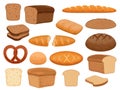 Cartoon bread products. Toast slice, baked french baguette, wheat and whole grain loaf, pretzel and ciabatta. Fresh Royalty Free Stock Photo