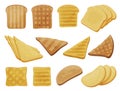 Cartoon bread toast set vector illustration. Collection bakery grilled waffle slice for breakfast