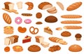 Cartoon bread. Various sweet breads and slices of bake roll, bakery product vector isolated cartoon set Royalty Free Stock Photo