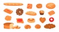 Cartoon bread. Wheat grain baked food, danish, jam puff, loaf, baguette, bread, donut, sesame bun and sweet bread