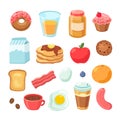 Cartoon breakfast food. Bagel bacon jam egg sandwich healthy fruit and juice. Breakfast meal isolated vector set