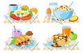 Cartoon breakfast. Healthy, delish breakfast menu, pancakes, croissant, vegetables, orange juice and coffee. Breakfast