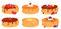 Cartoon breakfast pancake stacks with maple syrup and berry toppings. Tasty pancakes with butter, chocolate, cream and strawberry