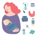 Cartoon Breastfeeding Baby Signs Icon Set. Vector