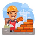 Cartoon Bricklayer at Construction Site